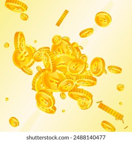 Bitcoin coins falling. Cryptocurrency scattered gold BTC coins. Internet currency. Jackpot wealth or success concept. Square vector illustration.