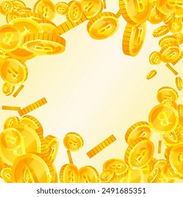 Bitcoin coins falling. Cryptocurrency scattered gold BTC coins. Internet currency. Jackpot wealth or success concept. Square vector illustration.