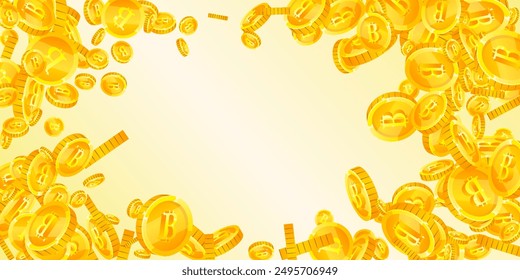 Bitcoin coins falling. Cryptocurrency scattered gold BTC coins. Internet currency. Jackpot wealth or success concept. Wide vector illustration.