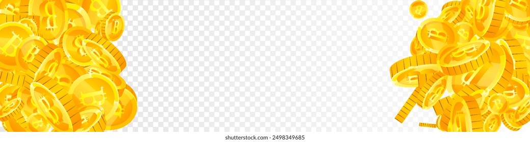 Bitcoin coins falling. Cryptocurrency scattered gold BTC coins. Internet currency. Jackpot wealth or success concept. Panoramic vector illustration.