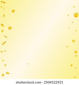 Bitcoin coins falling. Cryptocurrency scattered gold BTC coins. Internet currency. Global financial crisis concept. Square vector illustration.