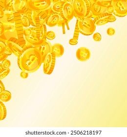 Bitcoin coins falling. Cryptocurrency scattered gold BTC coins. Internet currency. Great business success concept. Square vector illustration.