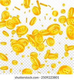 Bitcoin coins falling. Cryptocurrency scattered gold BTC coins. Internet currency. Jackpot wealth or success concept. Square vector illustration.