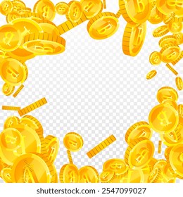 Bitcoin coins falling. Cryptocurrency scattered gold BTC coins. Internet currency. Jackpot wealth or success concept. Square vector illustration.