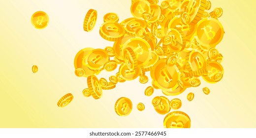 Bitcoin coins falling. Cryptocurrency scattered gold BTC coins. Internet currency. Jackpot wealth or success concept. Wide vector illustration.