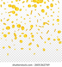 Bitcoin coins falling. Cryptocurrency scattered gold BTC coins. Internet currency. Jackpot wealth or success concept. Square vector illustration.