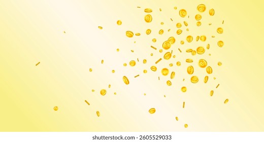 Bitcoin coins falling. Cryptocurrency scattered gold BTC coins. Internet currency. Great business success concept. Wide vector illustration.