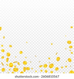 Bitcoin coins falling. Cryptocurrency scattered gold BTC coins. Internet currency. Great business success concept. Square vector illustration.