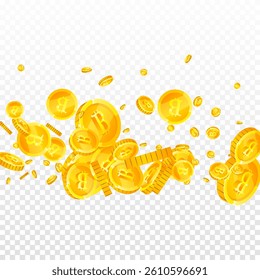Bitcoin coins falling. Cryptocurrency scattered gold BTC coins. Internet currency. Global financial crisis concept. Square vector illustration.