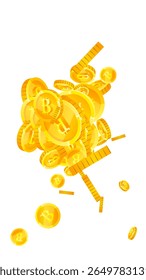 Bitcoin moedas caindo. Criptomoeda espalhou moedas de ouro BTC. Moeda na Internet. Conceito de crise financeira mundial. Ilustração vetorial.