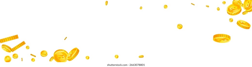 Bitcoin-Münzen fallen. Kryptowährung gestreuten Gold BTC-Münzen. Internetwährung. Konzept der globalen Finanzkrise. Panorama-Vektorgrafik.