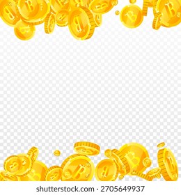 Bitcoin-Münzen fallen. Kryptowährung gestreuten Gold BTC-Münzen. Internetwährung. Konzept der globalen Finanzkrise. Quadratische Vektorgrafik.