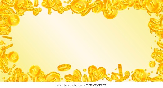 Bitcoin coins falling. Cryptocurrency scattered gold BTC coins. Internet currency. Jackpot wealth or success concept. Wide vector illustration.