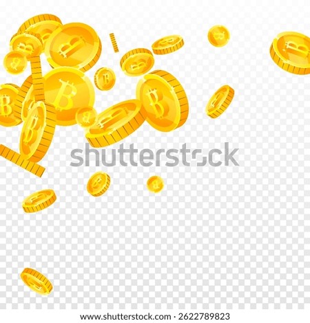 Bitcoin coins falling. Cryptocurrency scattered gold BTC coins. Internet currency. Global financial crisis concept. Square vector illustration.