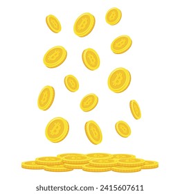 Bitcoin coins. Falling coins, falling money, flying gold coins, golden rain. Stack of gold coins. 