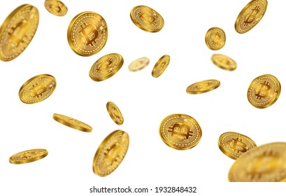 Bitcoin coins flying on a white background. Gold coin money isolated. EPS file.