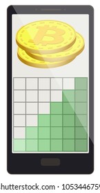 bitcoin coins with growth graph on a phone screen,crypto currensy with diagram in the phone, bitcoin crypto currensy design.