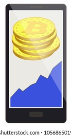 bitcoin coins with growth graph on a phone screen,crypto currensy with diagram in the phone, bitcoin crypto currensy design.