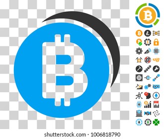 Bitcoin Coins icon with bonus bitcoin mining and blockchain symbols. Vector illustration style is flat iconic symbols. Designed for cryptocurrency apps.