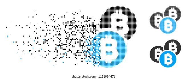 Bitcoin coins icon in dispersed, dotted halftone and solid versions. Points are grouped into vector dissolving Bitcoin coins icon. Disappearing effect involves rectangle scintillas.