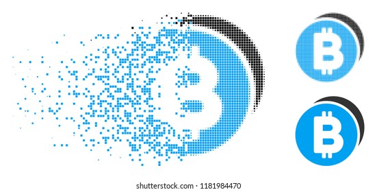 Bitcoin coins icon in dissolved, pixelated halftone and original variants. Points are grouped into vector dispersed Bitcoin coins form. Disappearing effect involves rectangular particles.