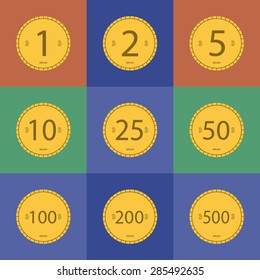 Bitcoin coins icon set with different rating flat style. Vector EPS8