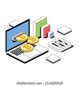 Bitcoin coins, laptop screen, chart. Vector 3d sketch line isometric style, color icon illustration. Creative design idea and infographics elements.