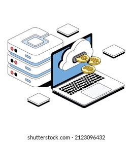 Bitcoin-Münzen, Laptop, Server. Vektorgrafik 3D-Skizze isometrischer Stil, farbige Icon-Illustration. Kreative Design-Idee und Infografik-Elemente.