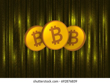 Bitcoin coins on random numeric background in yellow and gold. Cryptocurrency. Vector illustration