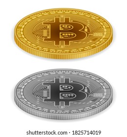 Monedas de bitcoin de fondo blanco. Ilustración vectorial.