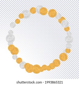 Patrón de monedas de bitcoin. Moneda de oro y plata criptodivisa con símbolo de bitcoin dorado en el anverso. Tecnología Blockchain. Uso para productos de impresión, decoración de páginas y páginas web u otro diseño. Vector