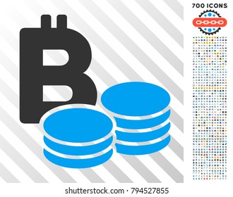 Bitcoin Coins pictograph with 7 hundred bonus bitcoin mining and blockchain clip art. Vector illustration style is flat iconic symbols design for blockchain apps.