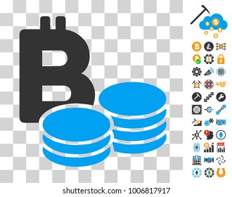 Bitcoin Coins pictograph with bonus bitcoin mining and blockchain pictograms. Vector illustration style is flat iconic symbols. Designed for bitcoin websites.