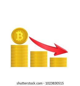 Bitcoin coins with red arrow. Bitcoin cryptocurrency crash