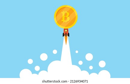 Bitcoin coins and rockets soar in the sky, bitcoin mining, digital money Cryptocurrency investment ideas