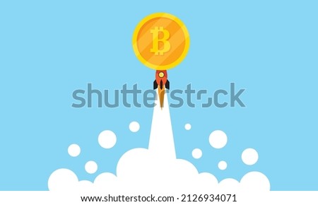 Bitcoin coins and rockets soar in the sky, bitcoin mining, digital money Cryptocurrency investment ideas
