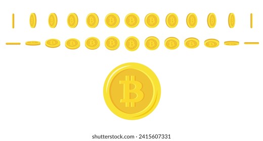 Bitcoin coins rotating. Set of rotation gold coins at different angles for animation. Flat vector illustration.