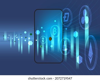 Las monedas de bitcoin pasan por teléfonos móviles. Dinero digital en el negocio financiero.