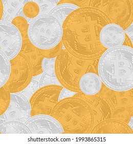 Bitcoin-Münzen nahtloses Muster. Kryptowährungs-Gold- und Silbermünze mit goldenem Bitcoin-Symbol auf dem Hintergrund. Blockchain-Technologie. Verwendung für Druckprodukte, Seiten- und Webdekor oder anderes Design. Vektorgrafik