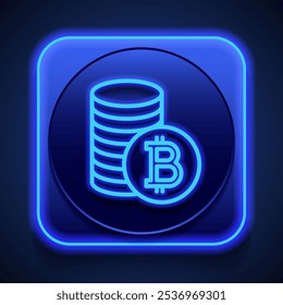 Bitcoin monedas simple icono Vector. Diseño plano. Estilo de neón azul en el Botón. Con shadow.ai