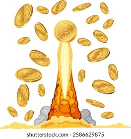 Bitcoin coins soaring like a rocket in space