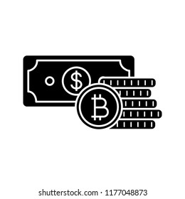 Bitcoin coins stack and dollar banknote glyph icon. Cryptocurrency investment. Savings. Digital money deposit. Silhouette symbol. Negative space. Vector isolated illustration