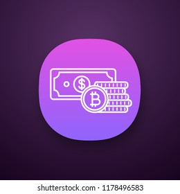 Bitcoin coins stack and dollar banknote app icon. UI/UX user interface. Cryptocurrency investment. Savings. Digital money deposit. Web or mobile application. Vector isolated illustration