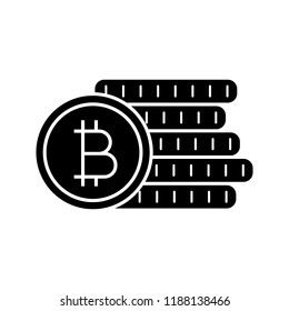 Bitcoin coins stack glyph icon. Cryptocurrency deposit. Digital money. Silhouette symbol. Negative space. Vector isolated illustration