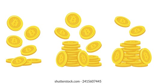Monedas de bitcoin. Pila de monedas de oro. Moneda dorada, pilas de dinero y pilas de oro. Monedas cayendo, dinero cayendo, monedas de oro volando, lluvia dorada. 