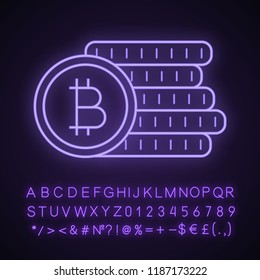 Bitcoin coins stack neon light icon. Cryptocurrency deposit. Digital money. Glowing sign with alphabet, numbers and symbols. Vector isolated illustration