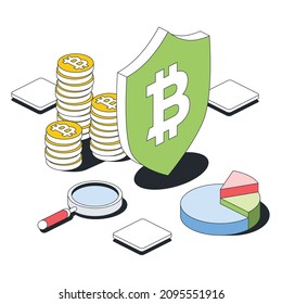 Bitcoin coins symbol, shield, graph, magnifier. Vector 3d line isometric, color web icons, new flat style. Creative illustration, design idea for infographics.