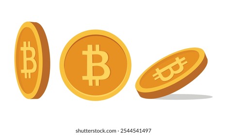 Bitcoin coins in various perspectives on white background. Minimalistic bitcoin coin illustration in vector blockchain cryptocurrency concept. For currency design, emblems, icons.
