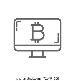 Bitcoin cold storage symbol on the desktop screen line icon. Cryptocurrency bitcoin storage and security concept. Linear vector icon isolated on white transparent background.