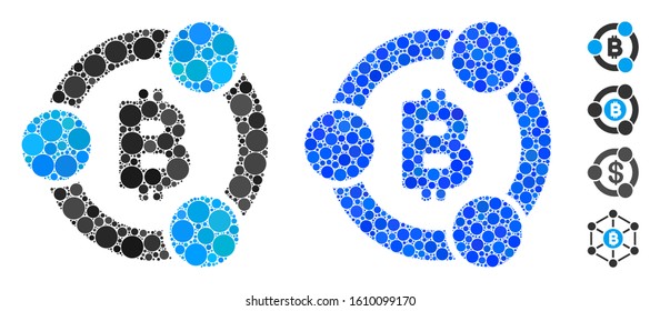 Bitcoin collaboration mosaic of filled circles in variable sizes and color tones, based on Bitcoin collaboration icon. Vector filled circles are united into blue composition.